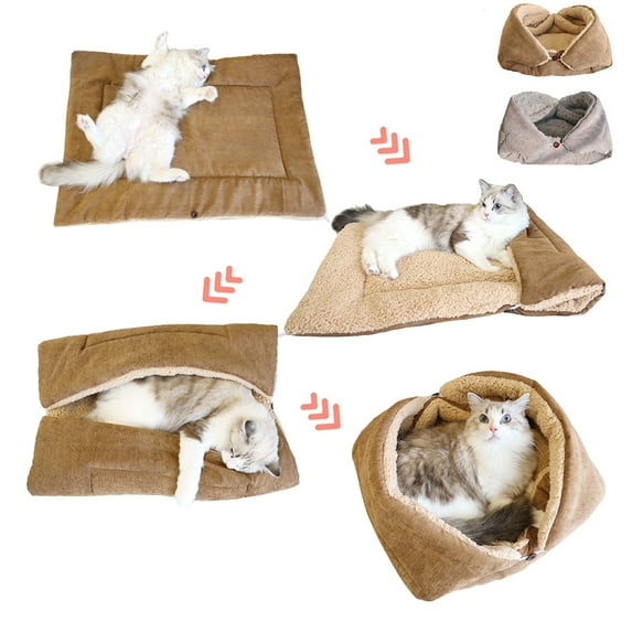 AYktou Foldable Cat Bed - Warm Soft Kennel Bed, Multi-Functional Format Cat Nest Dog House Cats Puppy Cave Cushion Portable Pet Mat Indoor Cat Mat for Small Medium Large Cats Dogs, Brown