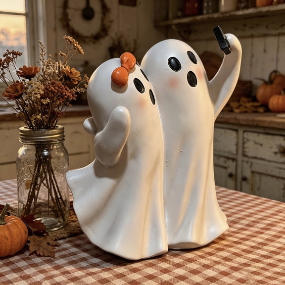 AYktou Halloween Ghost Figurine Resin Decor, Halloween Couple Ghost Selfie Figurine, Cute Ghost Figurines with Bow Resin Statue for Girly Ceramic Table Decorations Shelf Mantel Office Desk
