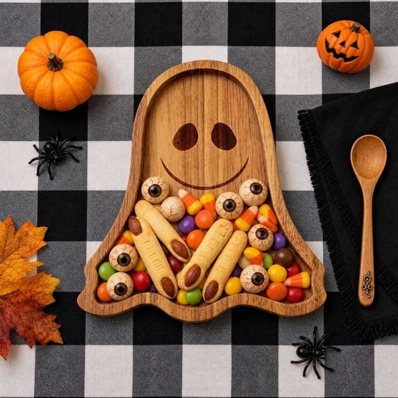 AYktou Halloween Ghost Serving Tray, Cute Wooden Serving Platter Festival Party Charcuterie Board, 8.3×7.1 Inch Snack Cheese Dish Plate Fruit Holder Table Decor for Treats Drinks Nuts Cupcake