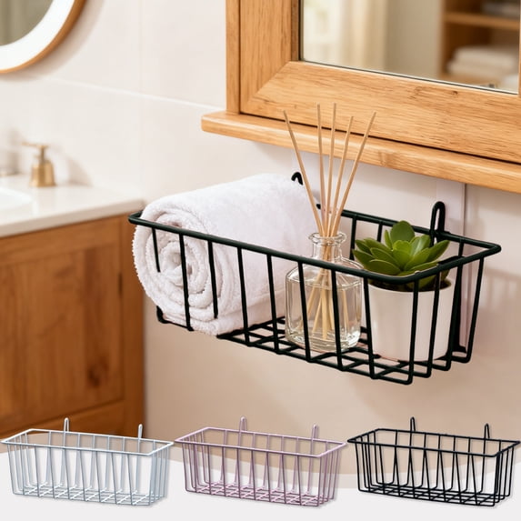 AYktou Hanging Wire Baskets, 9×4×3 Inch Metal Storage Basket Kitchen Spice Rack Seasoning Holders Dormitory Sundries Storage Organizer for Bathroom Kitchen Accessories Bedroom Storage Shelf, Black