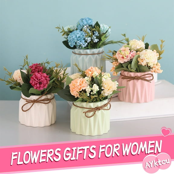 AYktou Hydrangea Artificial Flowers Pot,Small Ceramic Vase Sunflower Decor,Yellow Fake Flower in Pots,Flower Gift for Home Office Bathroom Kitchen