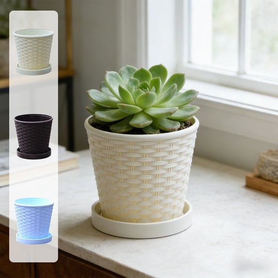 AYktou Imitation Wickerwork Planters, 3.9×3.7 Inch Flower Pots Outdoor & Indoor Planting Round Flowerpot with Drainage Hole & Saucer Modern Decorative Planter for Balcony Garden Home Decor, Beige
