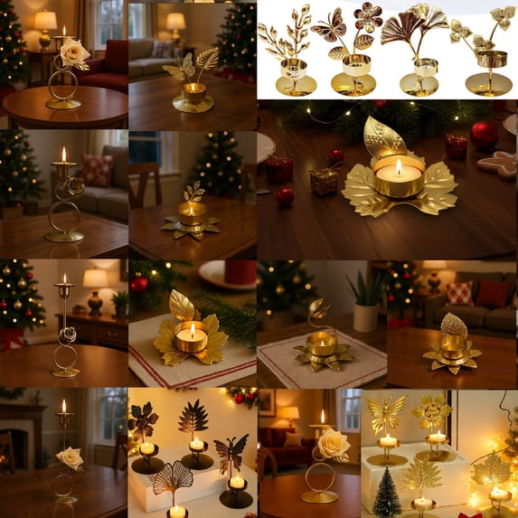 AYktou Iron Metal Candle Holders, Lotuss Maple Leaves Butterflies Vintage Candlestick Romantic Ambiance Simulation Flowers Candle Stand for Holiday Christmas Thanksgiving Table Centerpieces Layout