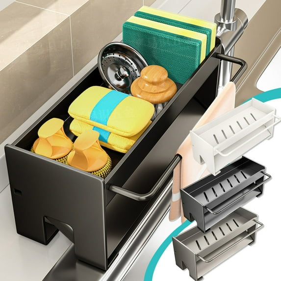 AYktou Kitchen Sponge Holder for Sink, Stainless Steel Countertop Organizer Sponge Caddy Organizer with Towel Bar, Sink Storage Draining Rack for Storing Dish Brush Soap Dishcloth Storage Shelves