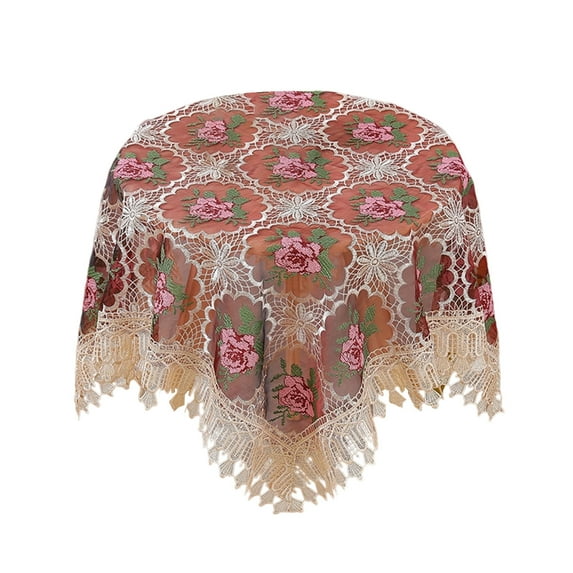 AYktou Lace Embroidery Tablecloths 35×35 Inch, Non-Slippery Coffee Table Table Cloth Round Table Tablecloth Dining Table Covers with Tassel, Elegant Lace Gauze Floral Air Conditioner Covers