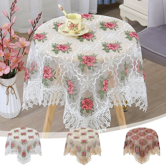 AYktou Lace Embroidery Tablecloths 35×35 Inch, Non-Slippery Coffee Table Table Cloth Round Table Tablecloth Dining Table Covers with Tassel, Elegant Lace Gauze Floral Air Conditioner Covers