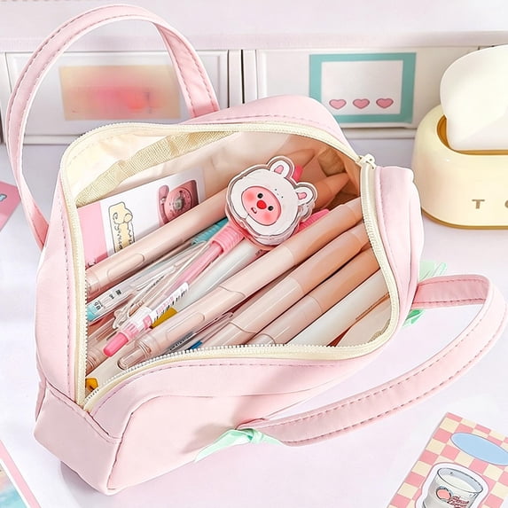 AYktou Large Capacity Pencil Case, Zipper Pencil Pouch with Cute Embroidered & Bow, Portable Handheld Stationery Bag, Fresh Style Pencil Bags Stationery Organizer Pouch for Home Office Supplies