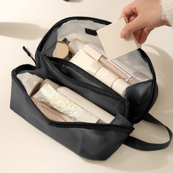 AYktou Mesh Toiletry Bags & Travel Makeup Bags, Multi-Layer Large Capacity Travel Storage Bag Cosmetics Organizer Case Portable Breathable Shower Caddy Bags Sundry Storage Pouches, Black