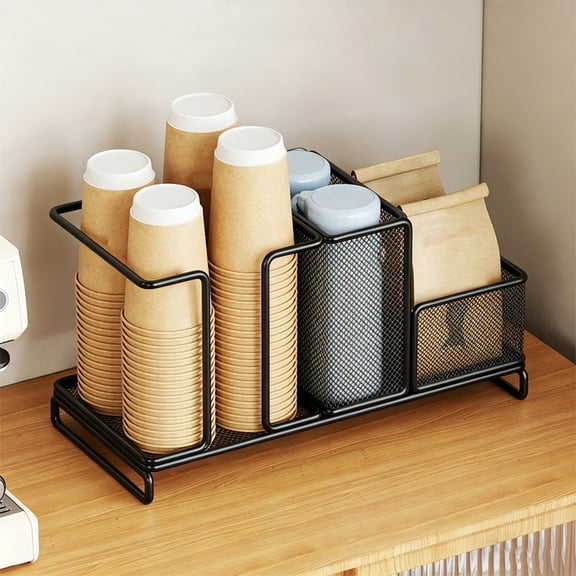 AYktou Metal Cup and Lid Holder, Paper Cup Dispenser with Stand, Coffee Cup Holder Organizer Milk Tea Cup Storage Rack, Countertop Coffee Bar Organizer Storage Caddy for Coffee Station Office Home