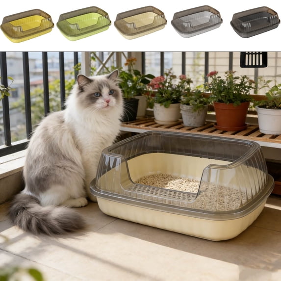AYktou Open Cat Litter Box with High Side, Semi-Enclosed Removable Cats Litter Pan with Spoon Filter, Anti-Splashing Kitten Toilet Easy Cleaning Non-Scratch Leak Proof Cat Box Odor Control