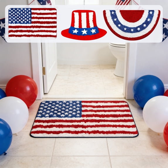 AYktou Patriotic Bathroom Rugs, Independence Day Bath Mat Absorbent Plush Flag Thickened Carpet Non-Slip Star Striped Floor Mats, 4th of July Shower Rugs for Living Room Entrance Kitchen