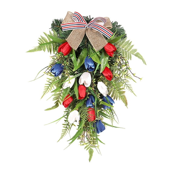 AYktou Patriotic Wreaths for Front Door, Independence Day Teardrop Swags Wreath Artificial Tulip Ears Bows Red White Blue Border Hanging Ornaments for Front Door Wall Indoor Outdoor Home Decor