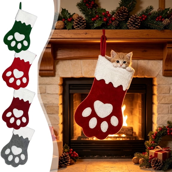 AYktou Paw Christmas Stockings, 15.3×9.8 Inch Pet Paw Plush Xmas Stockings Decorations Fireplace Hanging Socks Family Holiday Dog Cat Gift Stockings for Xmas Tree Holiday Party Decor