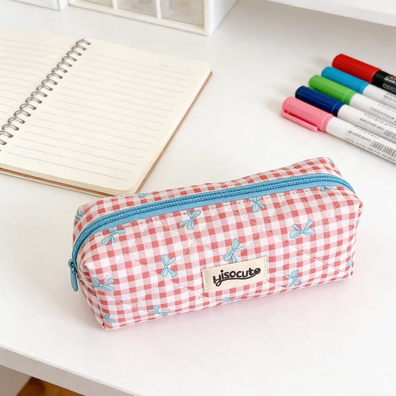 AYktou Pencil Cases, Checkered Bow Pattern Pencil Pouch Large Capacity Portable Pencil Bags Cute Stationery Organiser Pen Storage Bag for Home and Office Pens Erasers Correction Tapes Storage