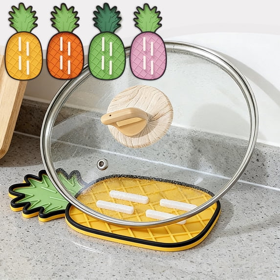 AYktou Pineapple Pot Lid Holder, 8.2×3.9 Inch Nonslip Placement - Pan Lid Rack & Spoon Rest Holder for Kitchen Counter, Lid Organizer Stand/ Heat Insulation Pads/ Cutting Board Pads/ Cup Mat, Yellow