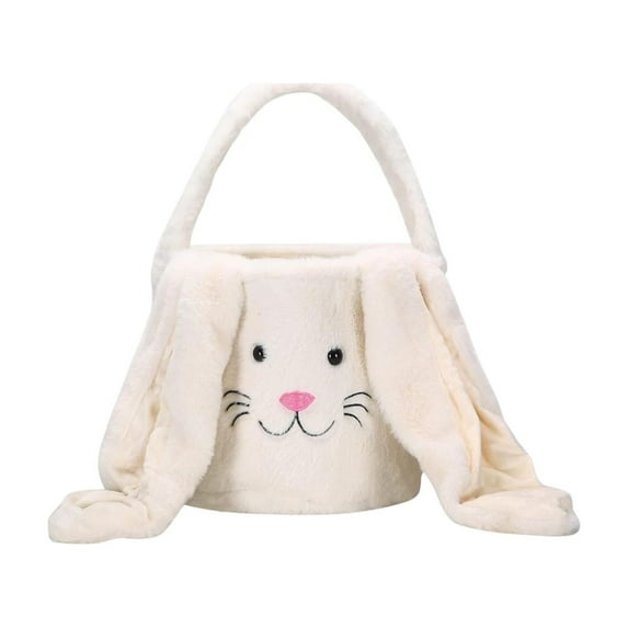 AYktou Plush Easter Bunny Baskets, Cute Rabbit Ears Handbags Easter Egg Hunt Stuffer Foldable Long Ears Rabbits Storage Bags - 9.5×7.9 Inch Large Capacity Gift Bags with Handle Easter Decor, White
