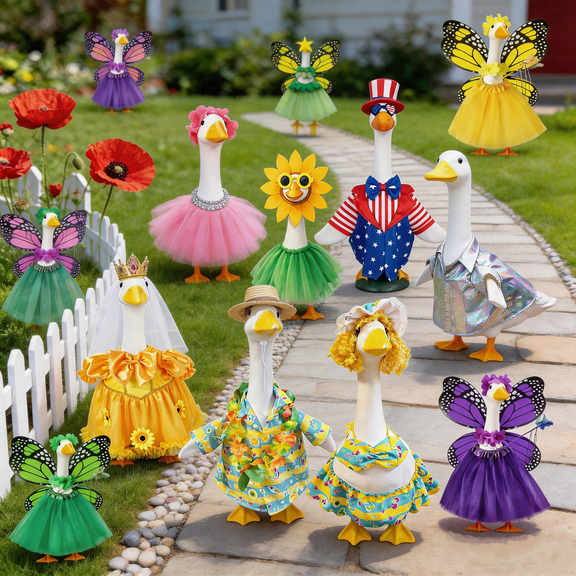AYktou Porch Geese Outfits Set - Festival Party Porch Costume Set, 23 Inch Geese Statue Clothes Butterfly Style 5-Piece Set, Spring Summer Goose Skirt Birthday Holiday Party Patio Garden Decor