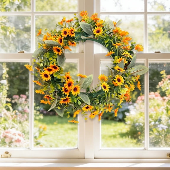 AYktou Spring Wreaths for Front Door, 13.8 Inch Artificial Flowers Cluster Summer Wreath Lifelike Daisy Lavender Leaves Wall Hanging Decor Faux Flower Rings for Festival Party Indoor Outdoor Decor