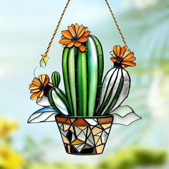 AYktou St. Patrick's Day Suncatchers, 8×8 Inch Imitation Cactus 2D Acrylic Stained Glass Window Hanging Ornament, Sun Catchers Pendants for Window Door Garden Home Decor Christmas Birthday Gifts
