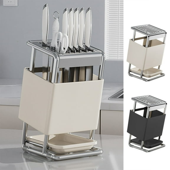 AYktou Stainless Steel Kitchen Knife Block, Countertop Knife Organizer Metal Knife Rack Inclined Shape Knife Storage Shelf with Draining Tray, 9 Types Cutter Position Cutter Storage Rack