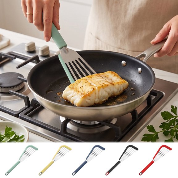 AYktou Stainless Steel Slotted Fish Spatula Turners with Silicone Side, Non-Sticking & Heat-Resistant Grilling Scalding Frying Shovel Frying Fish Shovel, Oil Draining Shovels for Fish, Egg, Burger