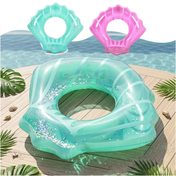 AYktou Summer Glitter Scallop Pool Floats, Portable Inflatable Seashell Swimming Floatie with Glittering Decor, Summer Beach Party Pool Party Float Ring Floaties for Adults Water Funs
