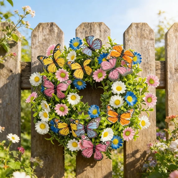 AYktou Summer Spring Wreaths for Front Door, 13.8 Inch Artificial Flowers Simulated Daisy Butterflies Cluster, Bright and Colorful Door Wreaths Faux Flower Rings Wall Hanging Decor for Porch Garden
