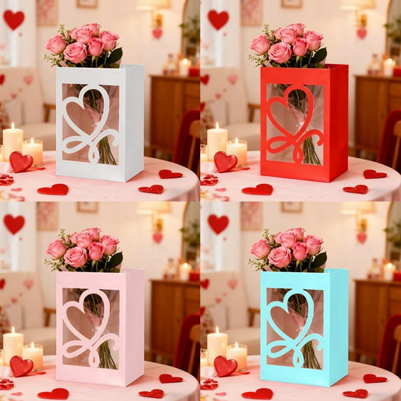 AYktou Valentine's Day Gift Bags, Transparent Heart Window Opening Tote Bag with Handle Day Gift for Girlfriend Flower Wrapping Paper Bags Anniversary Birthday Scarves Jewelry Gift Bags, Light Blue