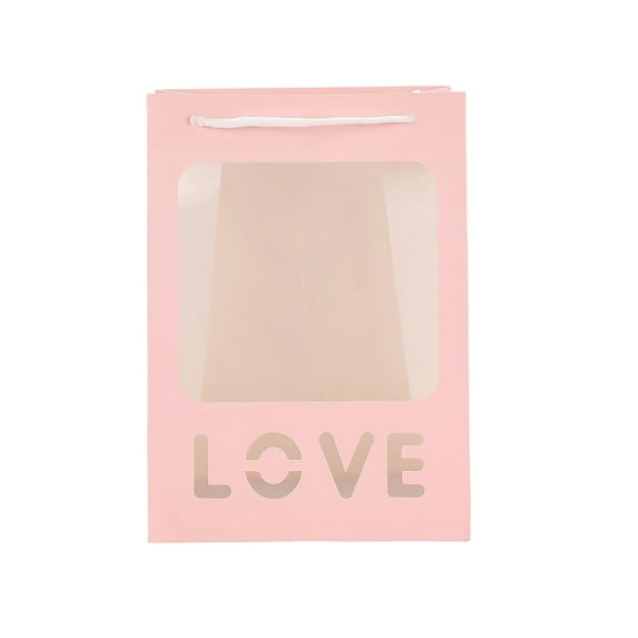 AYktou Valentine's Day Gift Bags, Transparent Window Opening Tote Bag with Handle Day Gift for Girlfriend Flower Wrapping Paper Bags Anniversary Birthday Scarves Clothes Jewelry Gift Bags, Pink
