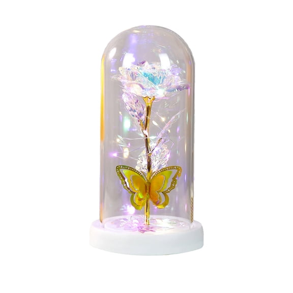 AYktou Valentine's Day Rose & Butterflys Desktop Ornaments, Birthday Gift L Light Artificial Rose with Glass Cover Glowing Rose Night Light Gift Preserved Flower for Her & Wife Grandma Mom