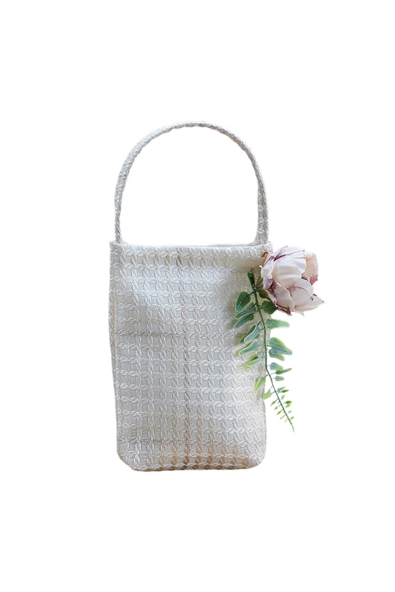 Valentine's Day Tote Bags with Artificial Rose, Exquisite Plaid Fabric Craft Handbags Festival Flower Wrapping Bags Portable Gift Bag Candy Bag Souvenir Bag DIY Bouquet Holder, Beige