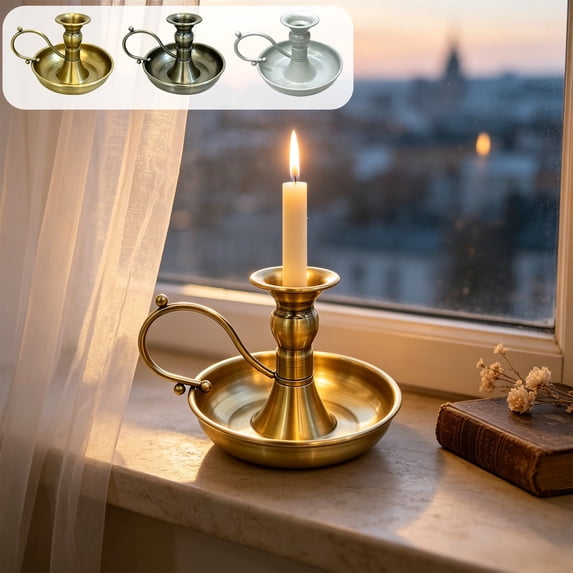 AYktou Vintage Candle Holder with Handle, Gold Taper Candlestick Holder with Candle Drip Catcher Tray, Eleagnt Taper Candle Stand for Wedding Halloween Christmas Dining Table Centerpieces