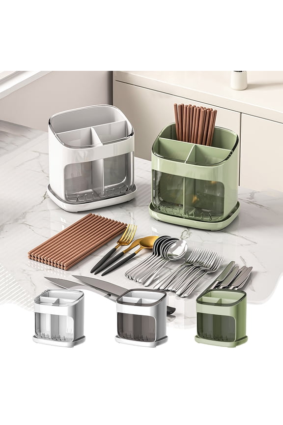 Wall-Mounted Tableware Organizer, Large Capacity Utensil Holders Tableware Storage Box with 2 Compartments, Cute Kitchen Fork Spoon Storage Rack Draining Cage Countertop Tableware Stand, Blue