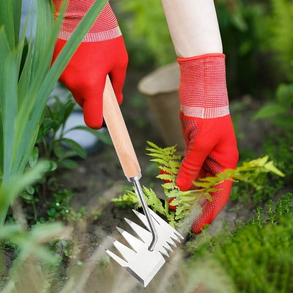 AYktou Weed Puller Tool-Portable Hand Weeding Tool Weeder Uprooting Gardening Gifts Stainless Steel Weed Puller 3/4/6 Teeth Garden Rake Hoe for Vegetable Gardening Backyard Farm Planting Weeding