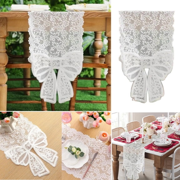 AYktou White Lace Table Runners with Bows Ending, 7112 Inch Hollowed-Out Embroidery Flower Lace Tablecloth Coffee Table Covers TV Cabinet Towel Wedding Birthday Vintage Style Table Flags