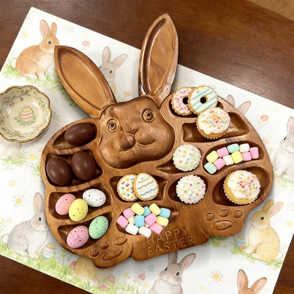 AYktou Wooden Easter Bunny Plates, Multiple Partition Serving Tray Reusable Rabbit Shaped Candy Dish Easter Platter Charcuterie Board Dinner Tray Food Dessert Plate for Spring Party Easter Decor