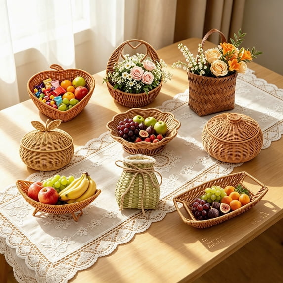 AYktou Woven Display Baskets, Imitation Wicker Bread Tray Food Storage Serving Container with Base, 11×3.2 Inch Flower Shaped Gift Baskets Snack Candy Tray, Food Storage Basket for Desserts Bread