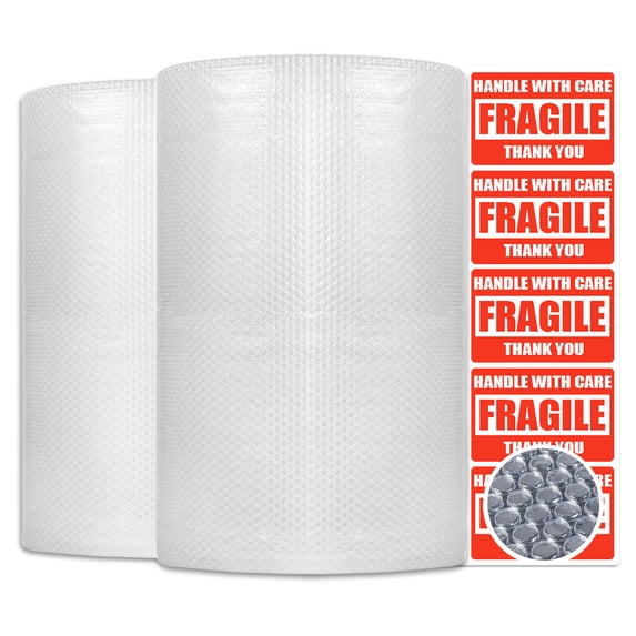 AZ 2 Rolls Bubble Cushioning Wrap Roll 30 ft x 12" Small Bubbles 3/16" with Fragile Stickers