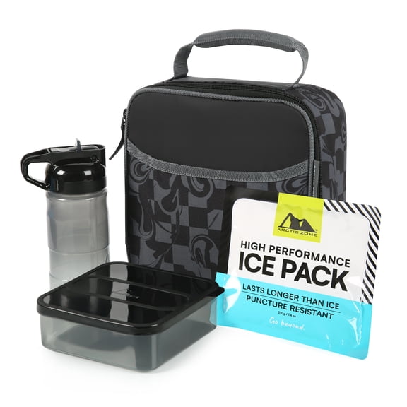 Arctic Zone Combo Lunch Box, Warped Checkerboard, Includes Food Container, Water Bottle, and Ice Pack