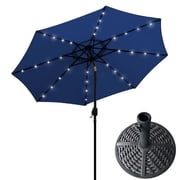 AZ Patio Heaters Solar Market Umbrella with LED Lights in Blue with Wicker Finish Base