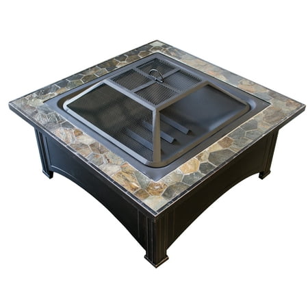 AZ Patio Heaters Wood Burning Fire Pit with Square Slate Table - Black, Multi