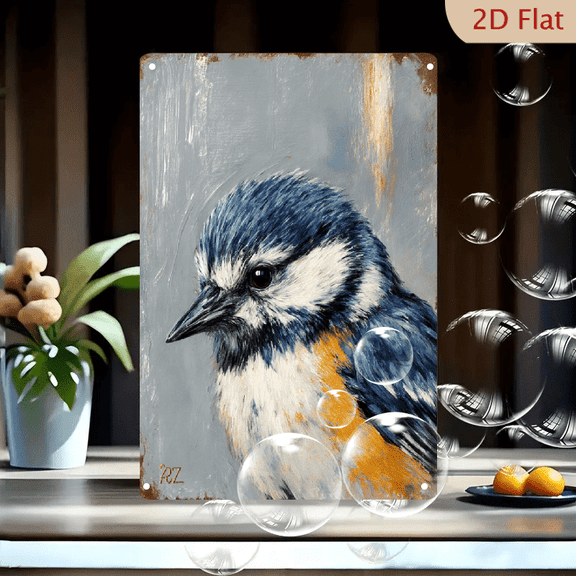 AZ Signature Small Blue Tit Bird Painting, 8x12 Inches Metal Wall Art, Vibrant Eurasian Blue Tit Profile with Orange Chest on Abstract Gray Background, Rustic Textured Canvas Look Decor