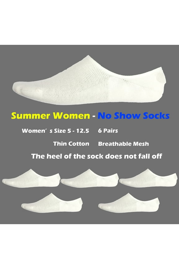 No-Show Socks, Summer White Thin Cotton Built-in Sock,Women's Sizes 5-12.5, 6 Pairs, Female