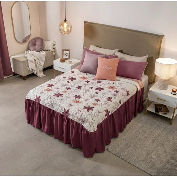 AZALEA FLOWERS REVERSIBLE BEDSPREAD WITH ATTACHED RUFFLE 1 PCS QUEEN SIZE MADE IN MEXICO