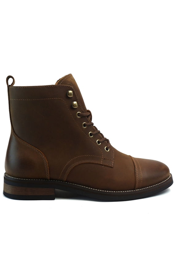 AZAR MAN Men's Cap Toe Genuine Leather Boots Ankle Lace-up Fashion Brown Leather 10