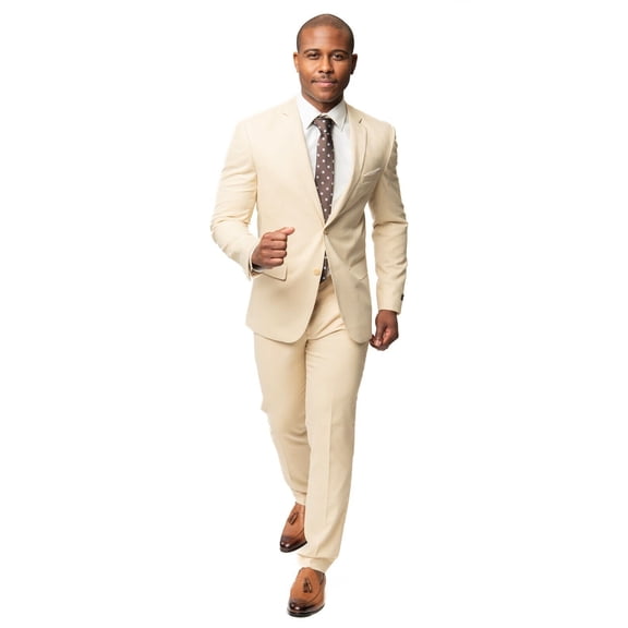 AZAR MAN Slim Fit 2 Button Tan Beige Micro Textured Weave Men's Suit Notch Lapel 38 Regular
