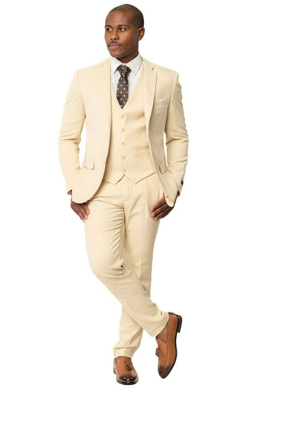AZAR MAN Slim Fit 2 Button Tan Beige Micro Textured Weave Men's Suit Notch Lapel 42 Long with Vest