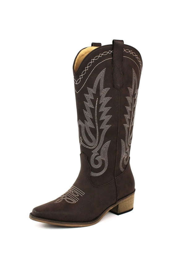 AZAR MAN Women's Western Cowboy Snip Toe Embroidered Leather Knee High Cowgirl Boots Wide Calf (Brown, US Footwear Size System, Adult, Women, Numeric, Medium, 10.5)