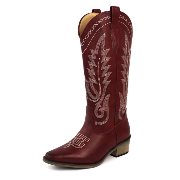 AZAR MAN Women's Western Cowboy Snip Toe Embroidered Leather Knee High Cowgirl Boots Wide Calf (Red, US Footwear Size System, Adult, Women, Numeric, Medium, 8)
