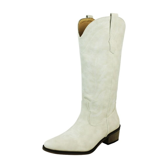 AZAR MAN Women's Western Cowboy Snip Toe Embroidered Leather Knee High Cowgirl Boots Wide Calf (White, US Footwear Size System, Adult, Women, Numeric, Medium, 12)